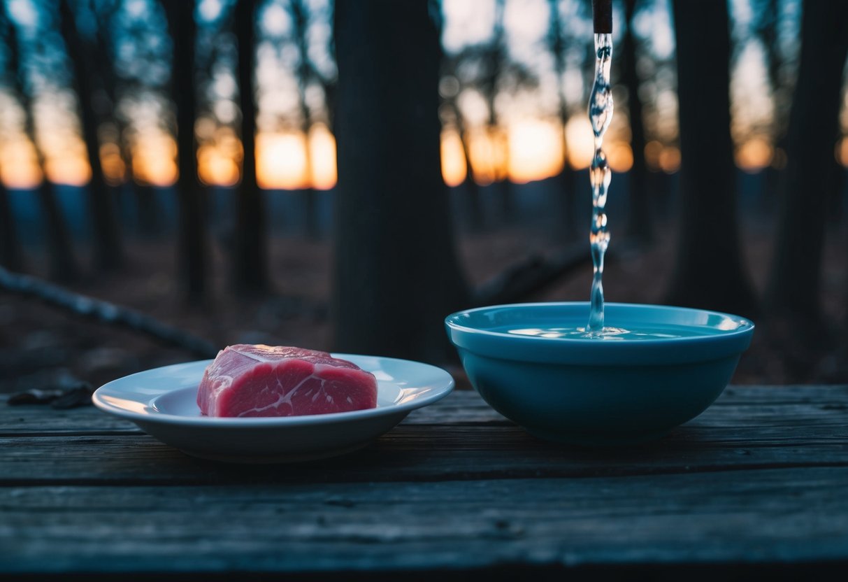 A small dish of raw meat and a bowl of water placed near a wooded area at dusk