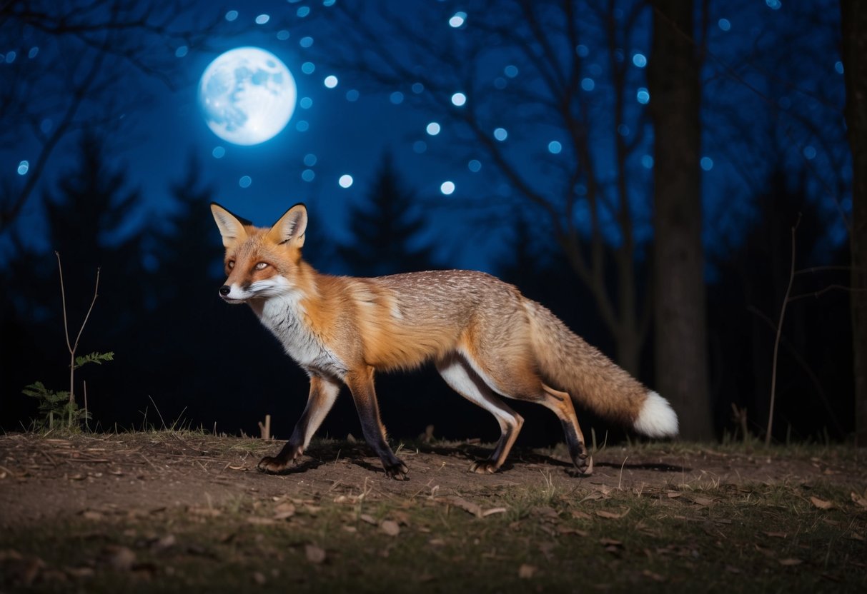 A fox trots through moonlit woods, its sleek form silhouetted against the starry sky, covering miles in a single night