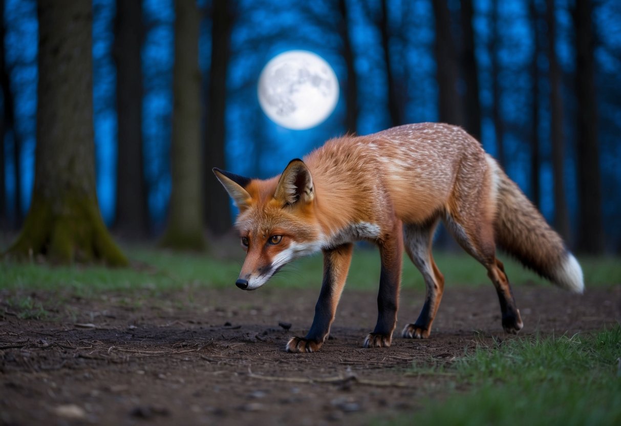 A fox roams through a moonlit forest, sniffing the ground and marking its territory with scent glands. It covers several miles in its nightly search for food and mates