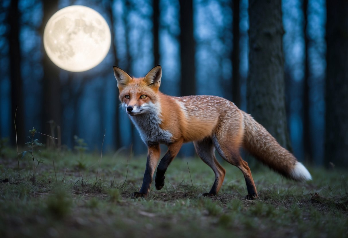 A fox prowls through a moonlit forest, its keen eyes scanning for prey. It covers great distances in search of food, employing stealth and cunning hunting tactics