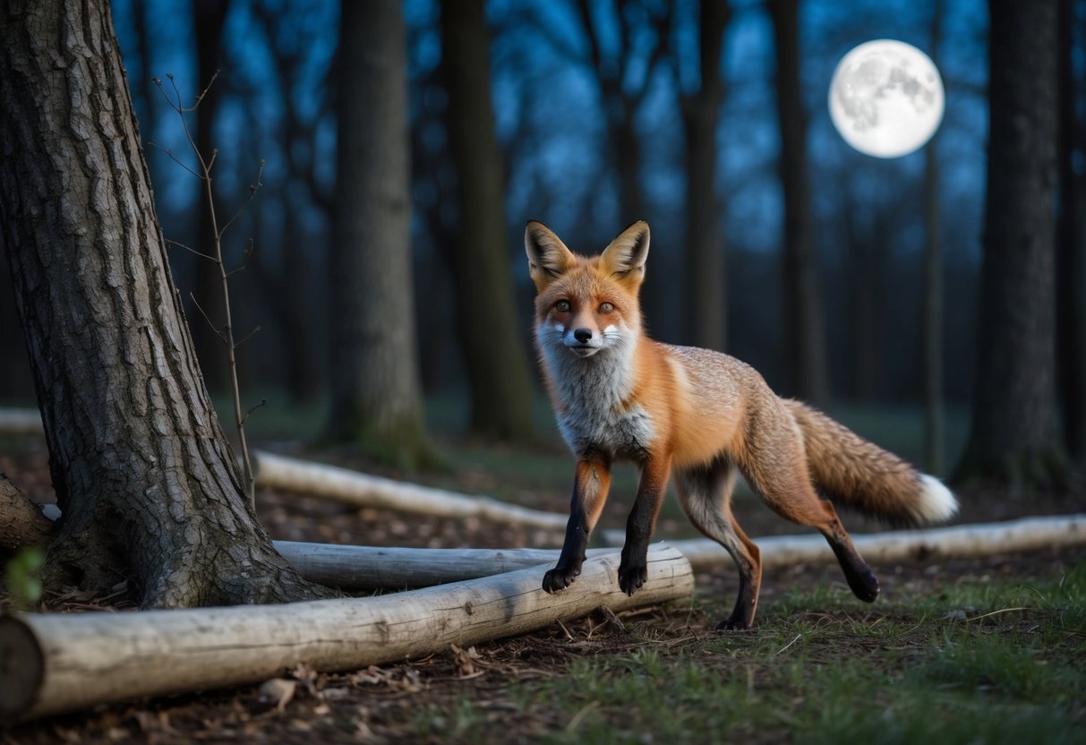 A fox trots through a moonlit forest, weaving between trees and leaping over fallen logs