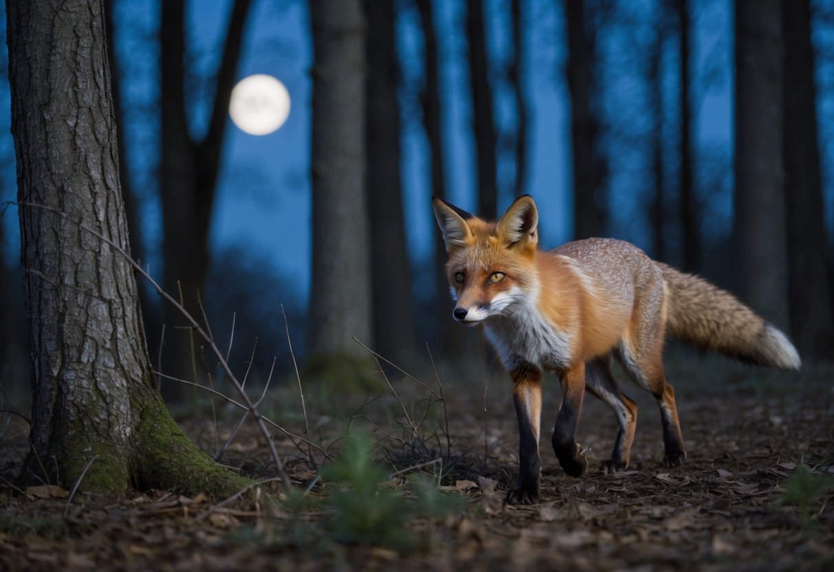A fox prowls through a moonlit forest, its keen eyes scanning for prey. It covers a vast distance, navigating through the trees and underbrush with ease