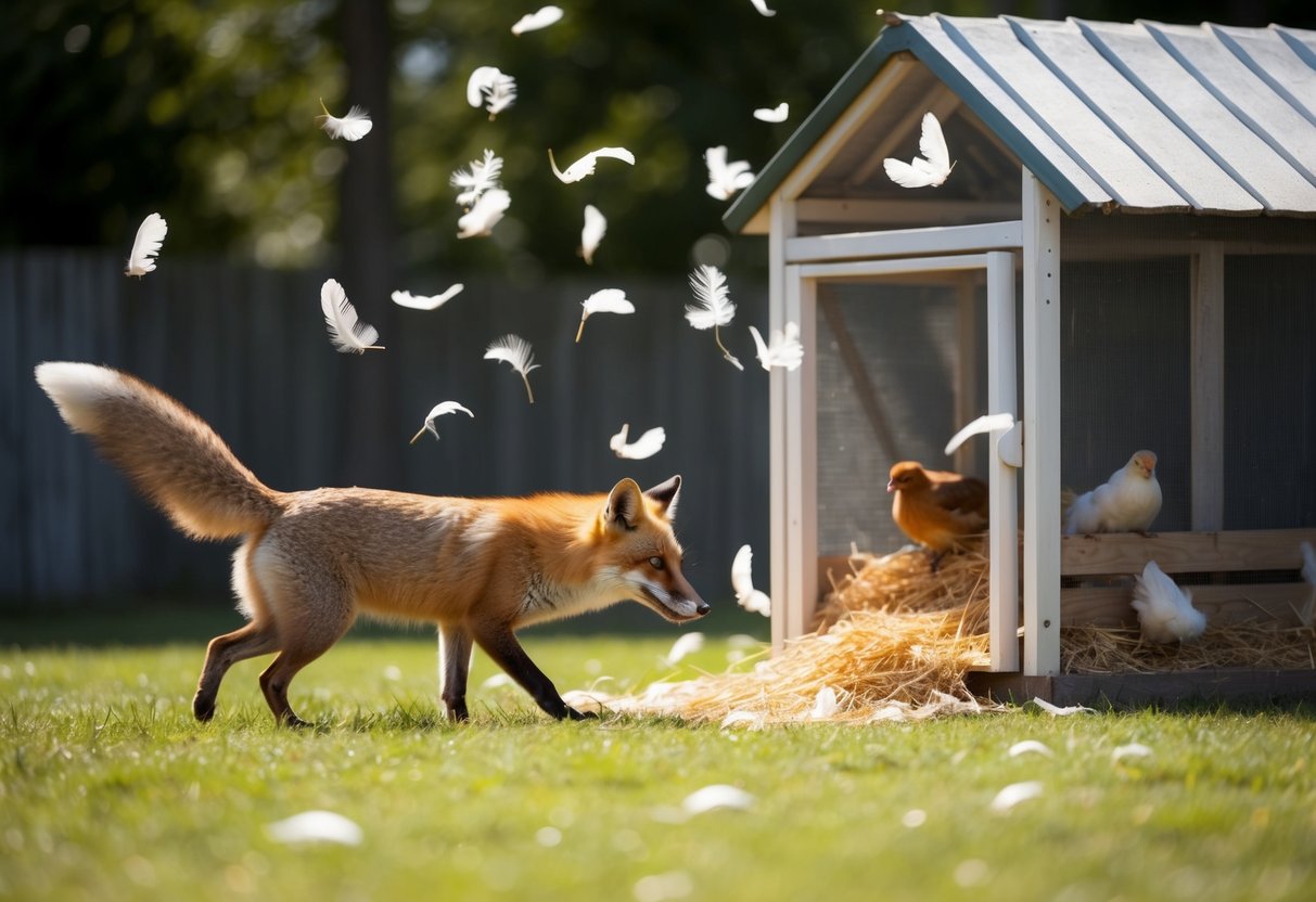 A fox raids a chicken coop, scattering feathers and causing chaos