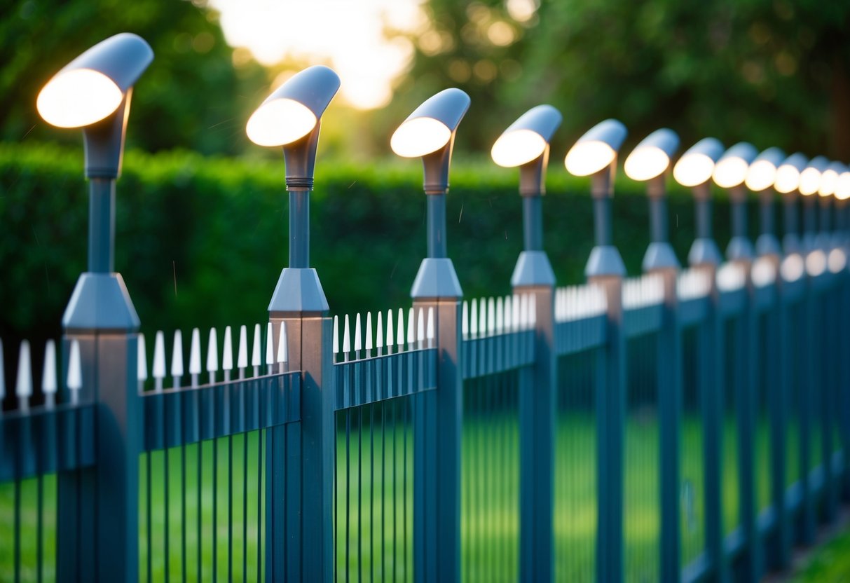 A tall fence topped with sharp spikes surrounds a garden, with motion-activated sprinklers and bright lights installed to deter foxes