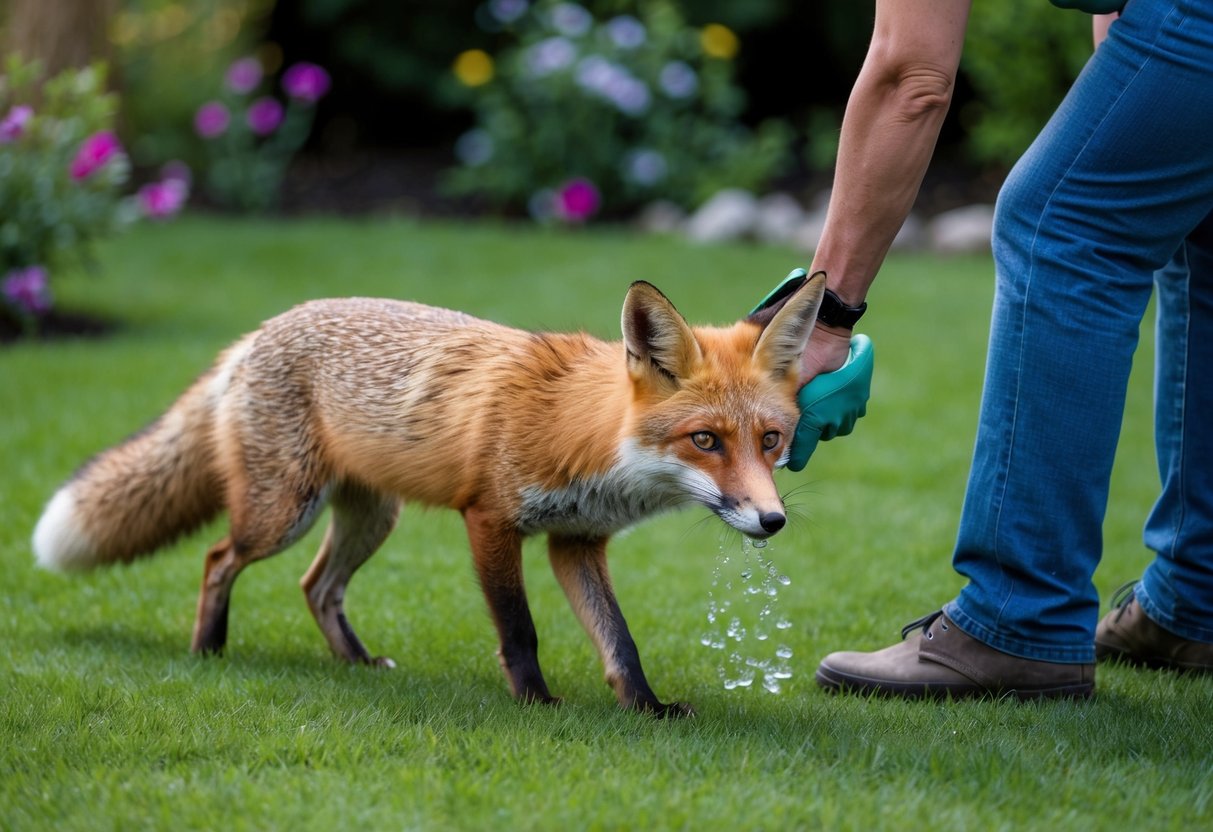 A fox being gently escorted out of a garden by a person using non-lethal methods such as noise or water deterrents