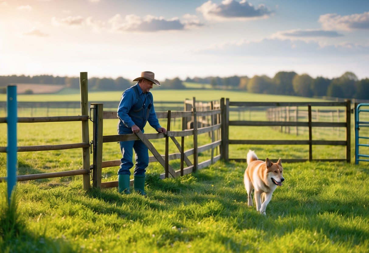 A farmer setting up a sturdy fence around a pasture, with a watchful dog patrolling the perimeter to deter foxes