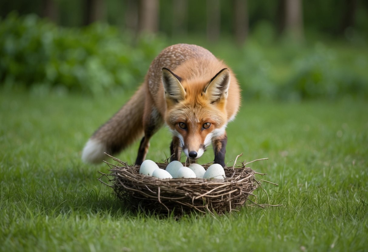 A fox preys on a nest of vulnerable bird eggs in a lush forest clearing