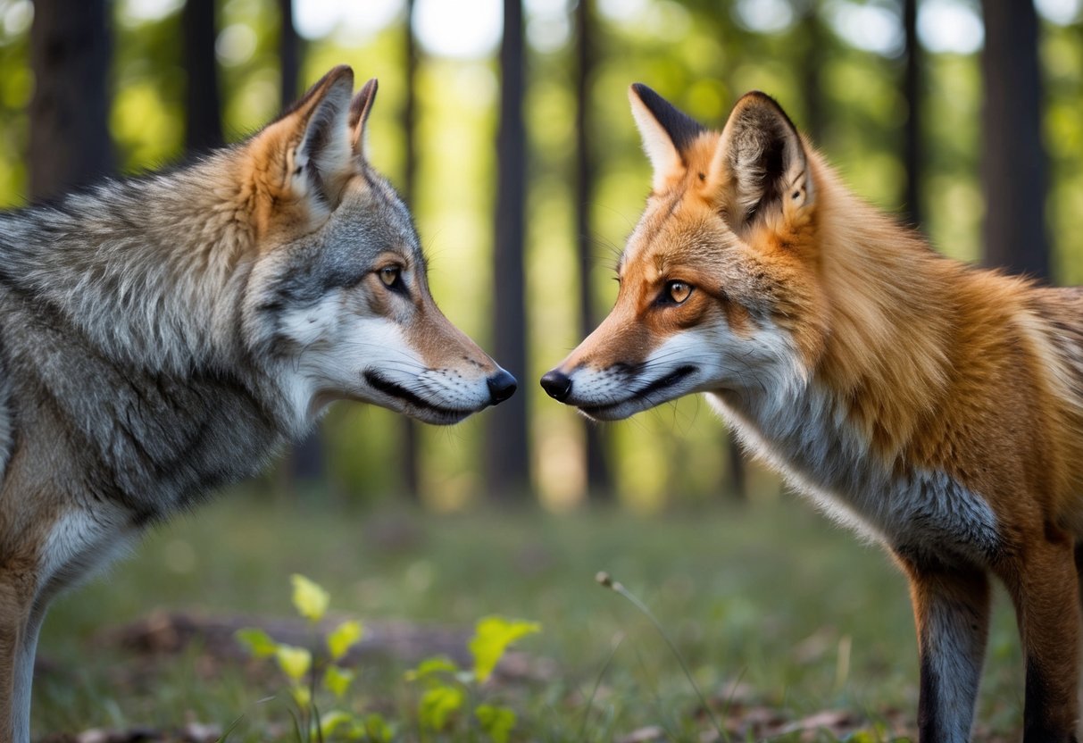 A wolf and a fox face off in a forest clearing, each with a cunning glint in their eye as they size each other up