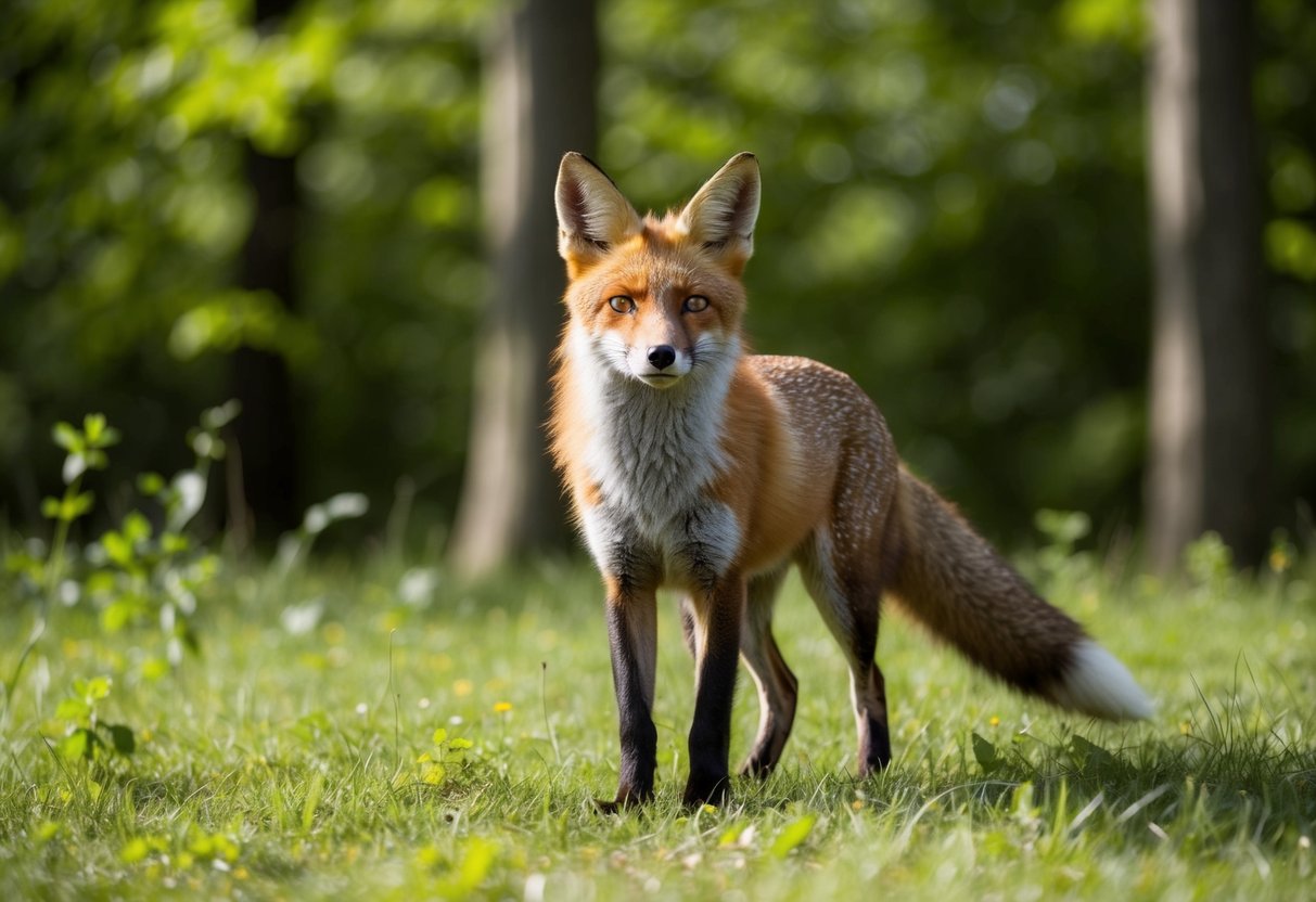 A fox stands alert in a peaceful forest clearing, its ears perked and eyes focused ahead, surrounded by dappled sunlight and lush greenery