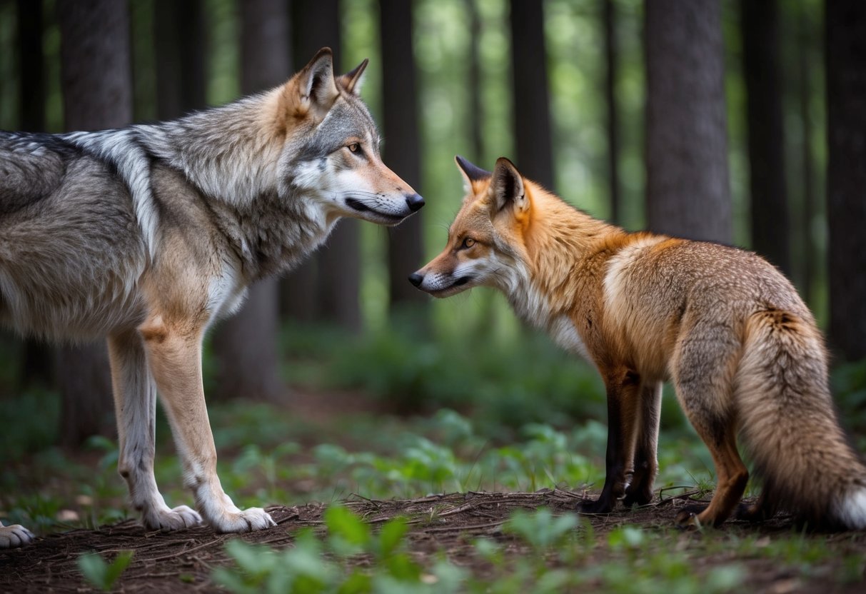 A wolf and a fox facing each other, both alert and observing their surroundings in a dense forest. The wolf stands tall and confident, while the fox crouches low, displaying cunning intelligence