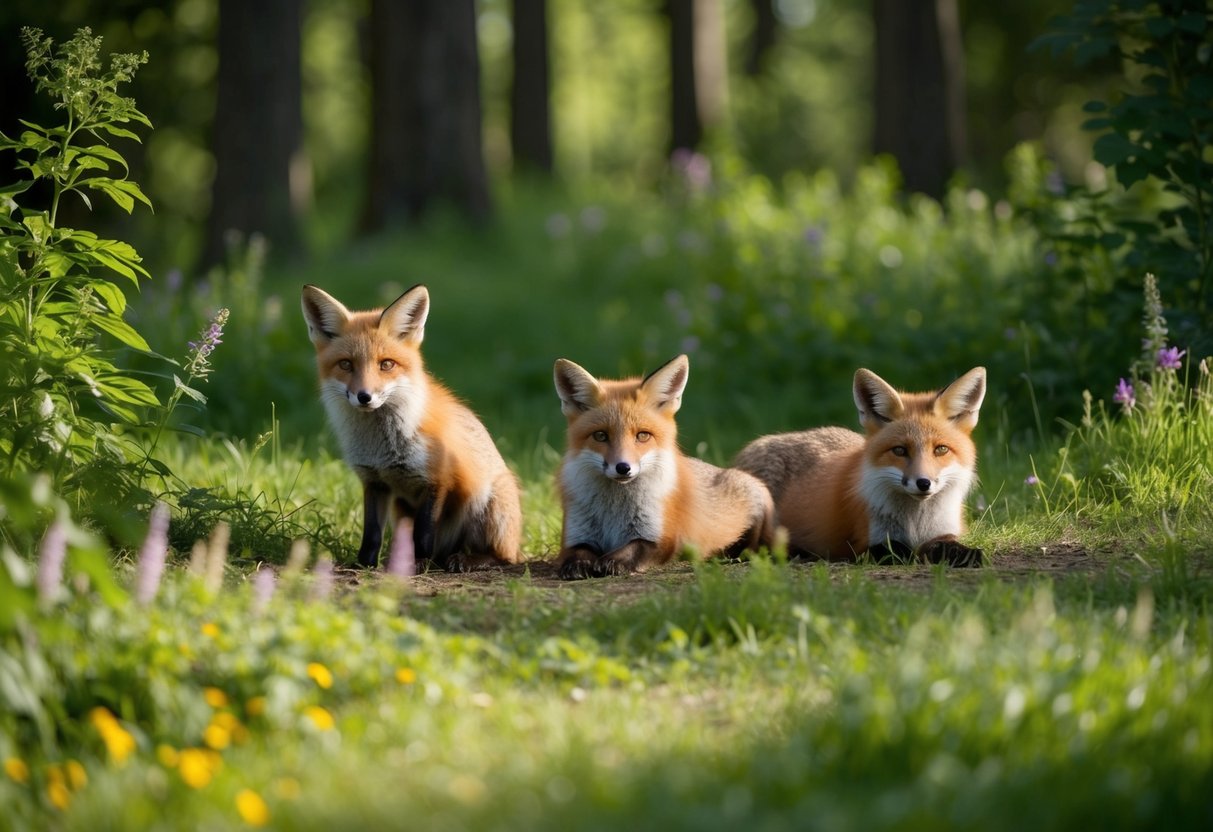 A tranquil forest clearing with foxes lounging in the dappled sunlight, surrounded by lush greenery and wildflowers