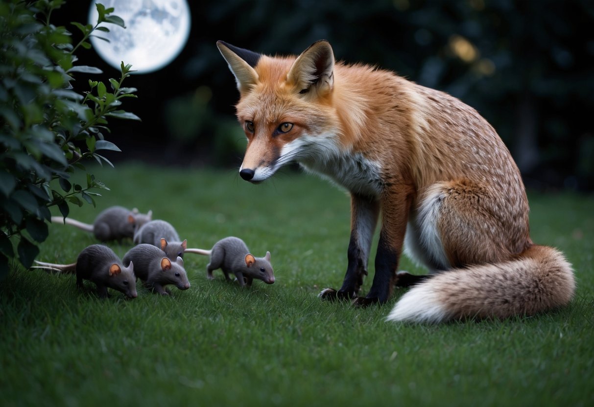 A fox crouches in a moonlit garden, its sharp eyes fixed on a group of rats scurrying among the bushes