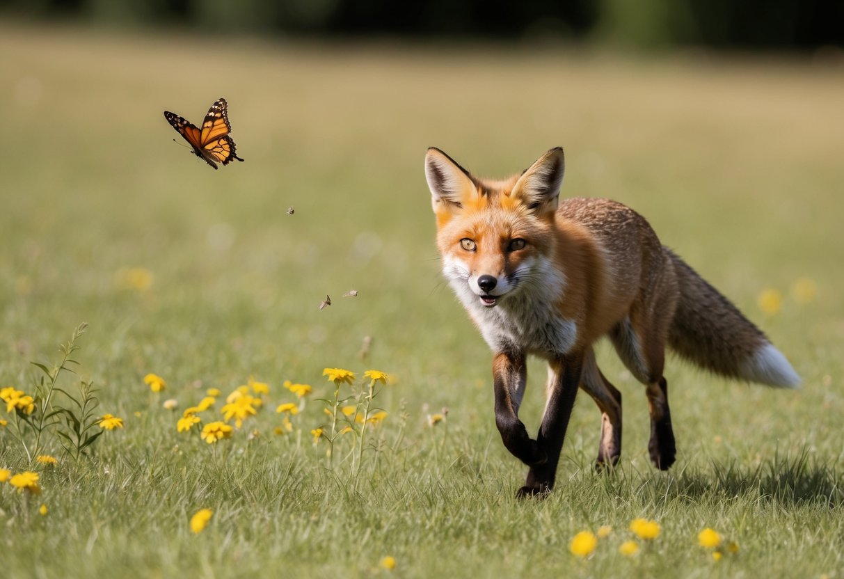 A fox darts toward you, ears perked and eyes fixed, as it chases after a fluttering butterfly through a sun-dappled meadow