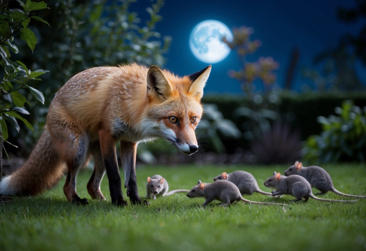 A fox crouches in a moonlit garden, its sharp eyes fixed on a group of rats scurrying through the underbrush