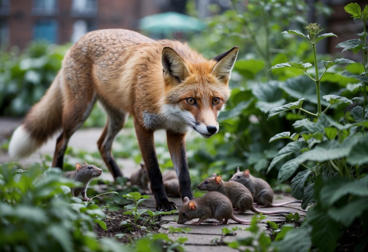 A fox prowls through an overgrown urban garden, its sharp eyes fixed on a group of rats scurrying among the plants