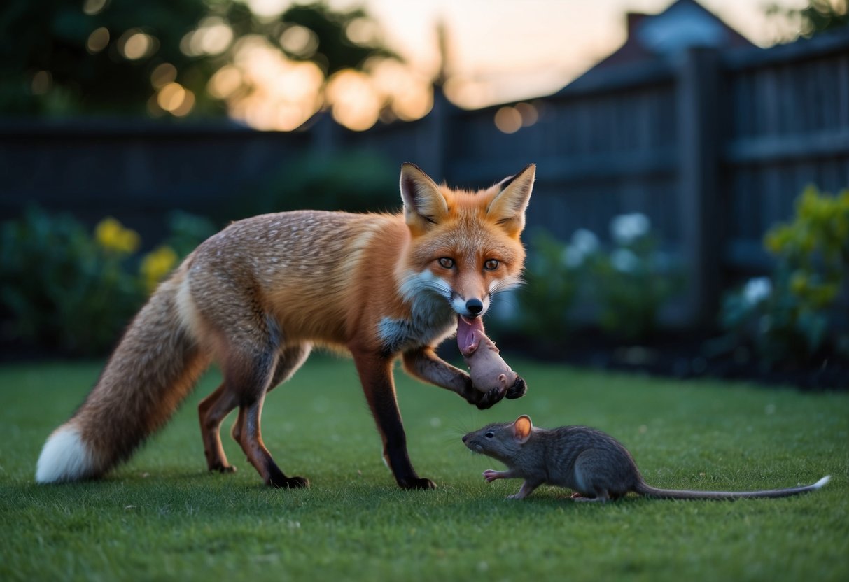 A fox with a bushy tail snacking on a rat in a garden at dusk