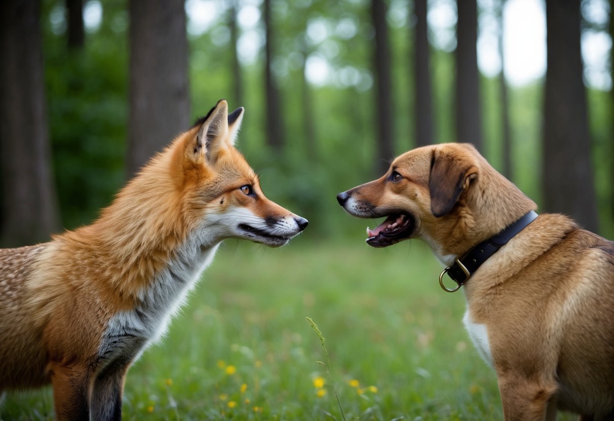 A fox and a dog facing off in a forest clearing, with intense gazes and raised hackles