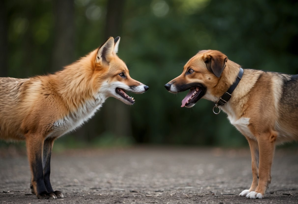 A fox and a dog face off in a tense standoff, their bodies poised for action, eyes locked in a fierce gaze