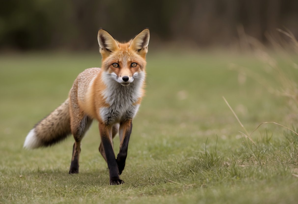 A fox darts towards the viewer, ears perked and tail raised, showing curiosity and interest