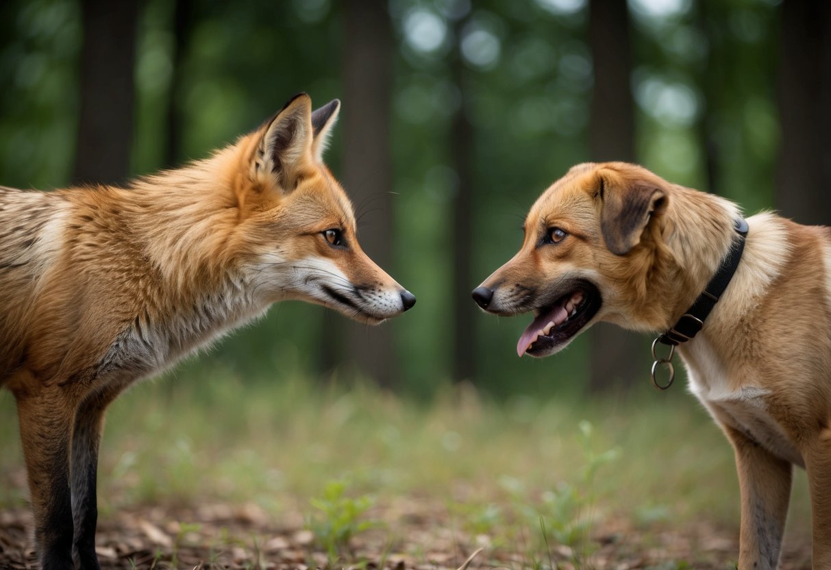 A fox and a dog face off in a forest clearing, their eyes locked in a tense standoff. The fox's sleek form contrasts with the dog's sturdy build, both ready for action
