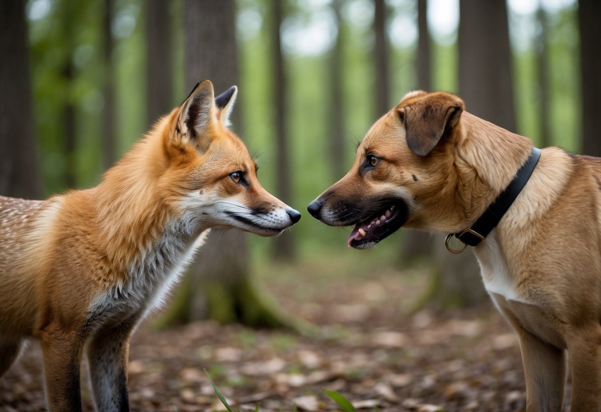 A fox and a dog face off in a forest clearing, their eyes locked in a tense stare-down. The fox's sleek form contrasts with the dog's muscular build as they prepare to engage