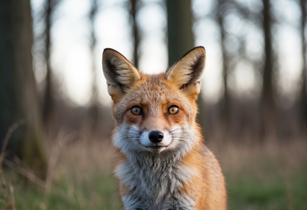 A startled fox darts towards the viewer, ears alert and eyes wide with caution