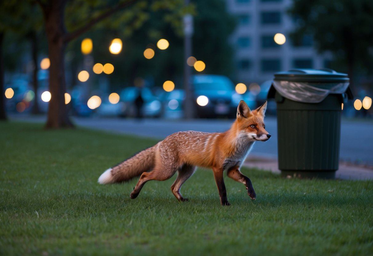 A fox darts through a city park at dusk, drawn by the scent of food from a nearby trash can