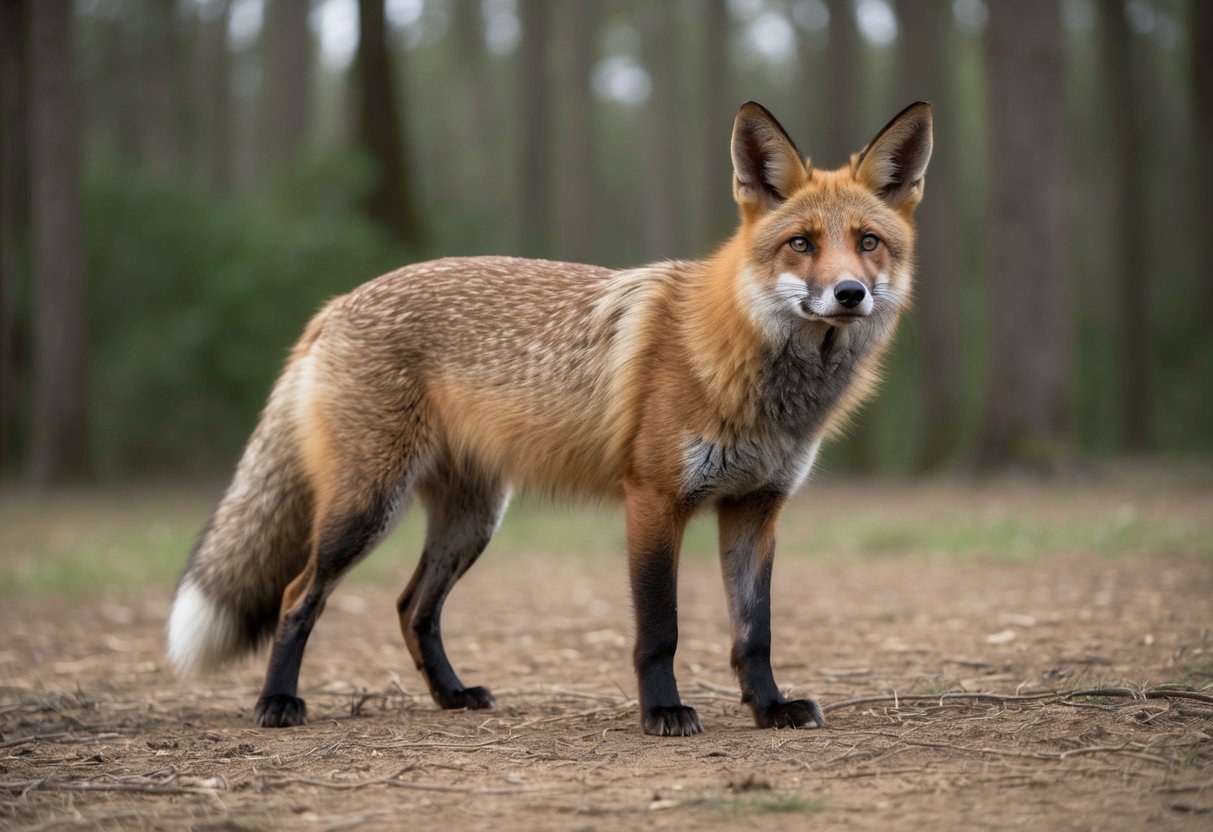 A large, bushy-tailed animal with pointed ears and a long snout, resembling a mix between a dog and a fox, standing in a forest clearing