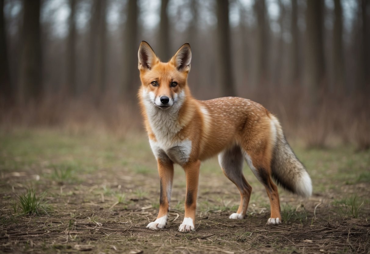 A dog-fox hybrid stands in a forest clearing, with the pointed ears and bushy tail of a fox, but the body and fur of a dog