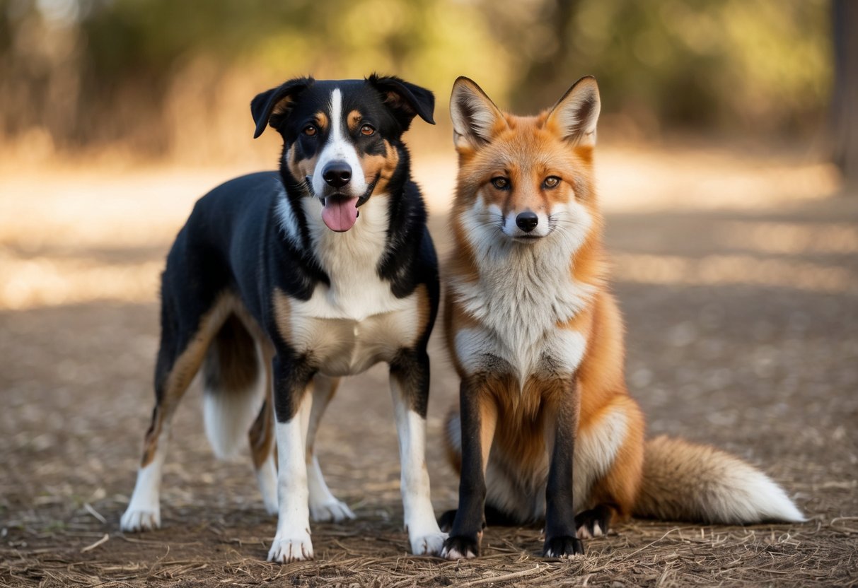 A dog and a fox stand together, displaying physical characteristics of both species. They have a mix of fur colors and features from each animal