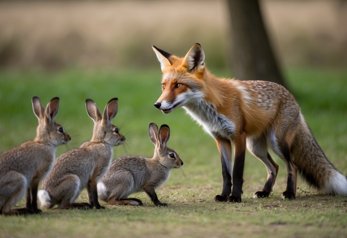 A wild fox approaches a group of rabbits, wagging its tail and sniffing the air with curiosity