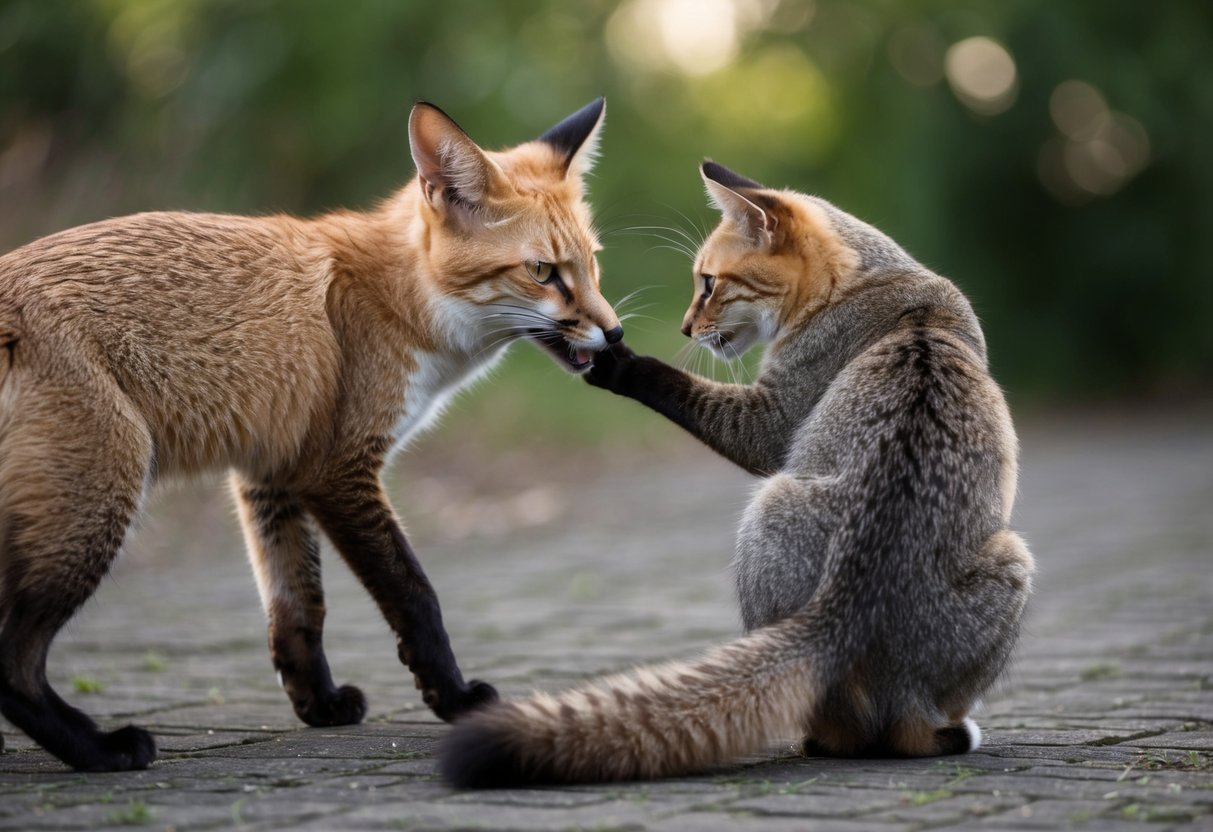 A cat arches its back, hissing at a looming fox with raised fur and sharp claws