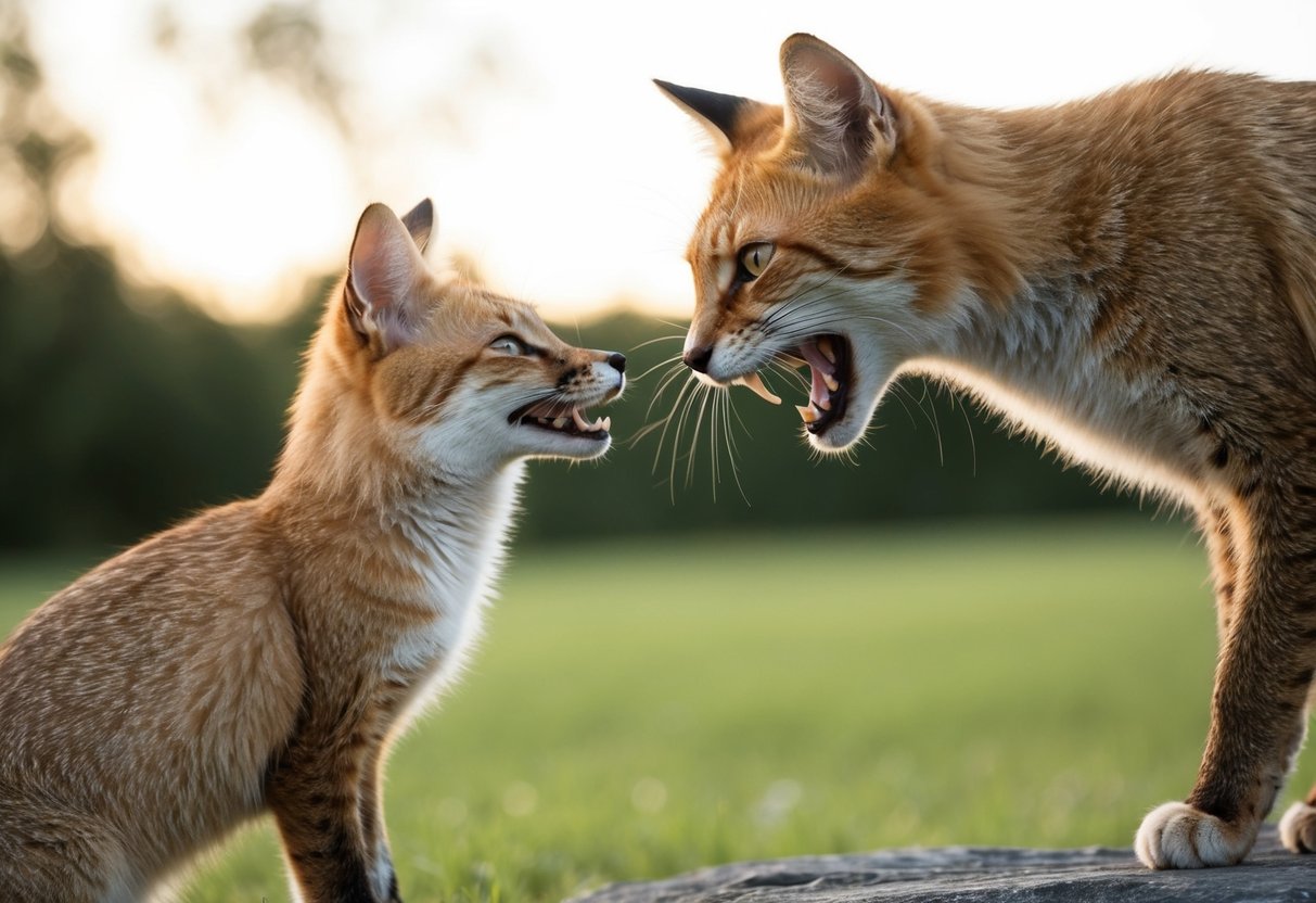 A cat arches its back, hisses, and bares its teeth at a fox, ready to defend itself with sharp claws and quick reflexes