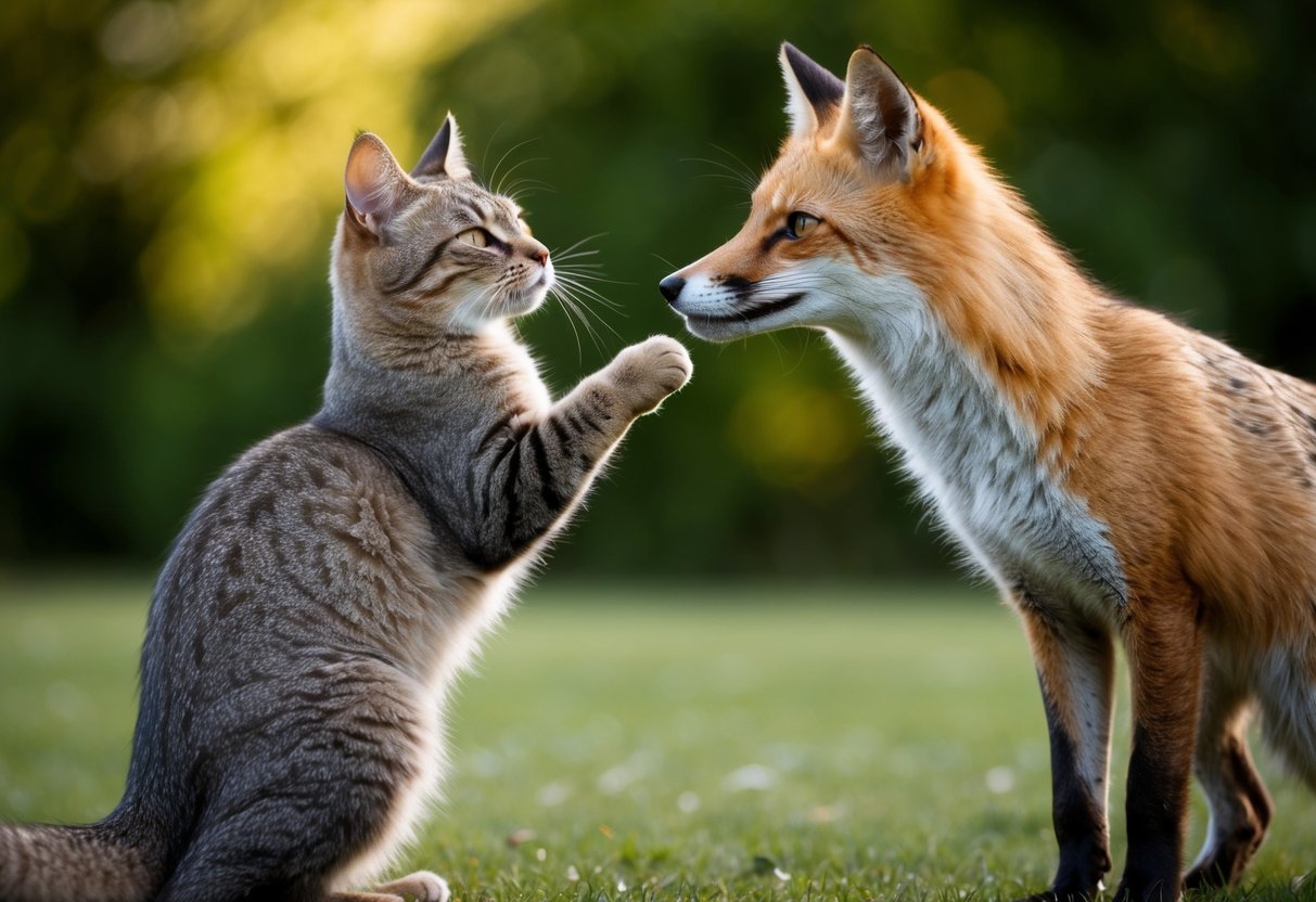A cat hisses and arches its back, facing off against a fox in a defensive stance