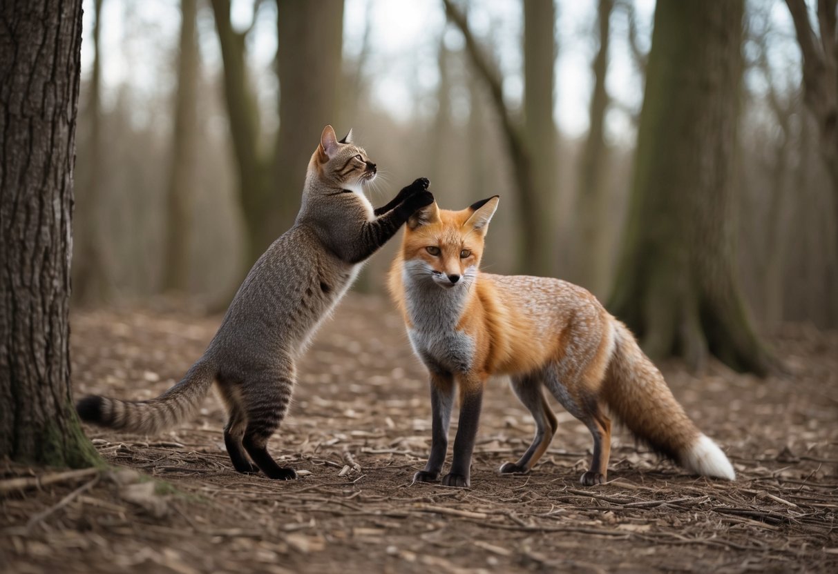 A cat hisses at a fox, standing tall with fur raised as the fox approaches cautiously in a wooded area