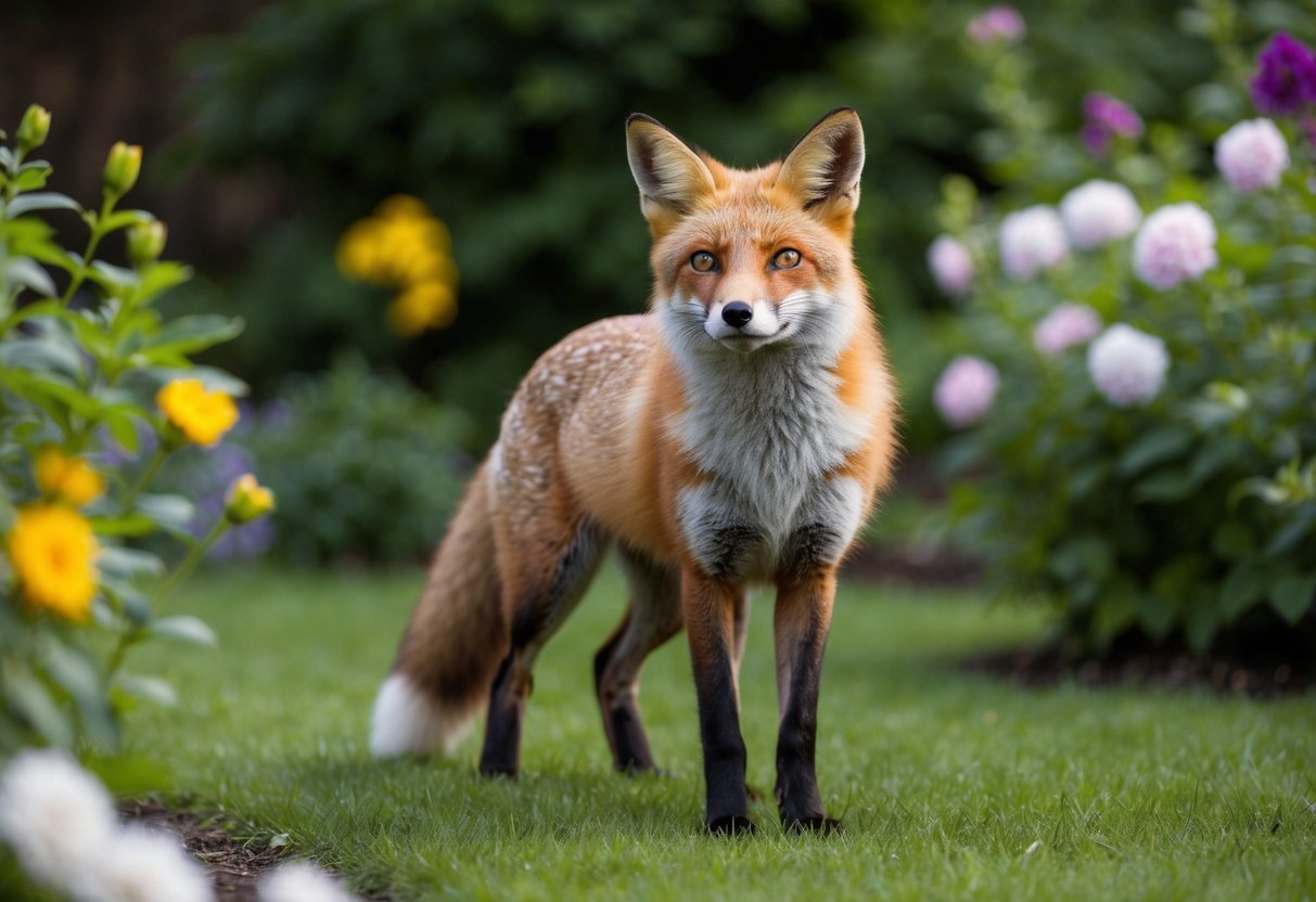 A fox stands in a lush garden, surrounded by blooming flowers and greenery. The animal's alert posture suggests it is on the lookout for potential danger