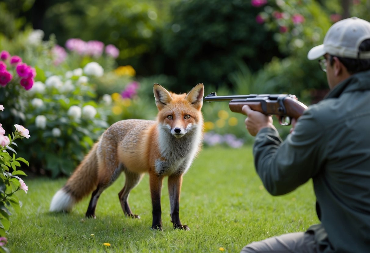 A fox stands in a lush garden, surrounded by blooming flowers and greenery. A person aims a rifle at the fox, with a look of uncertainty on their face