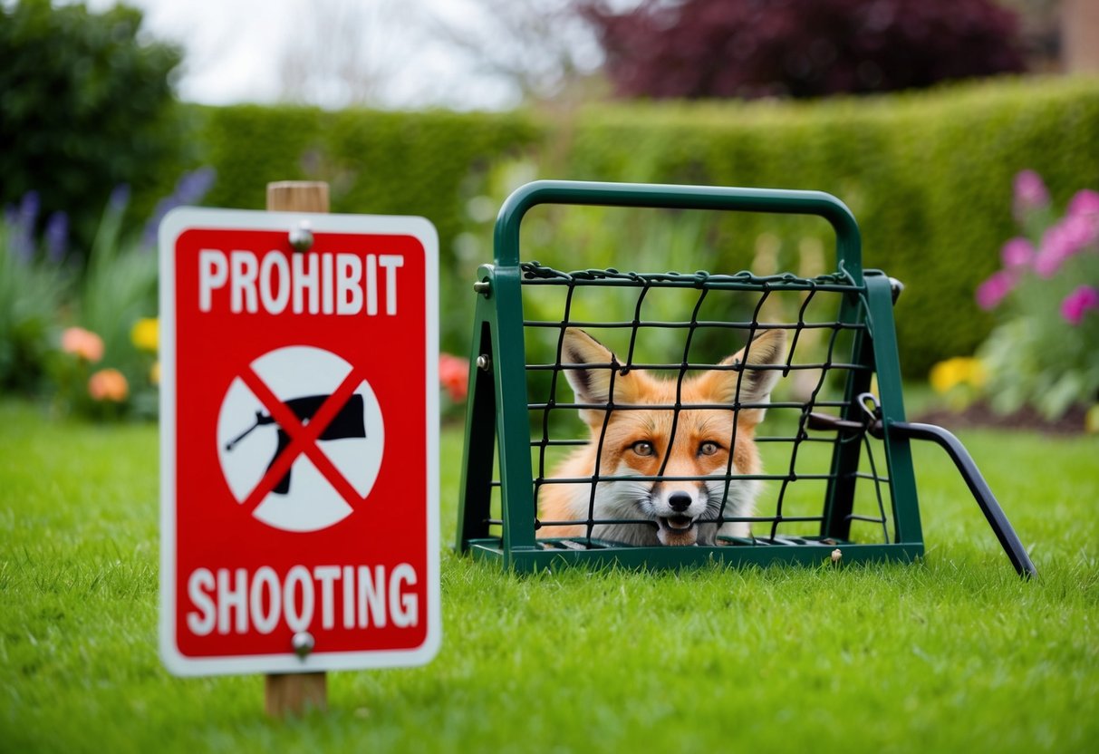 A fox trap set in a garden with a sign prohibiting shooting