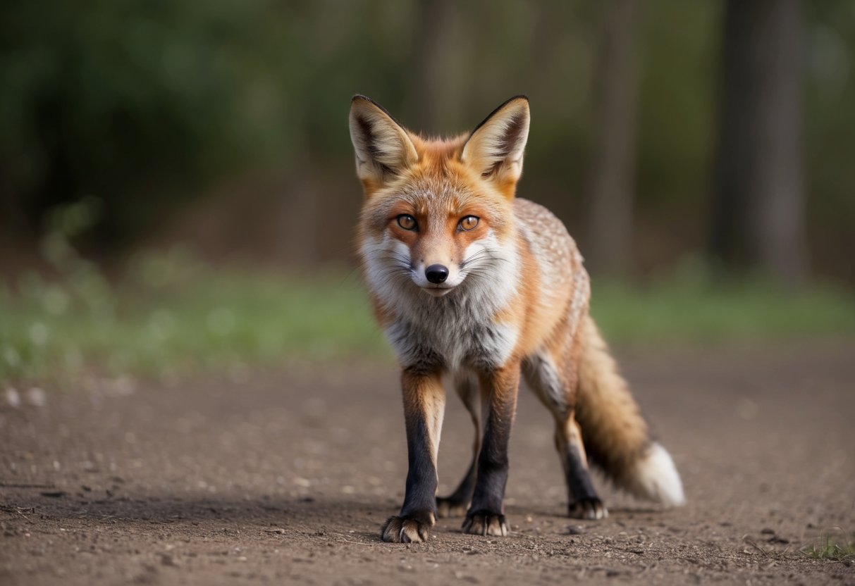 A fox approaches cautiously, ears perked, eyes fixed on the observer
