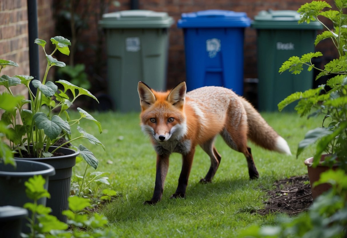 A fox prowls through a garden in a UK urban area, surrounded by trash bins and overgrown plants
