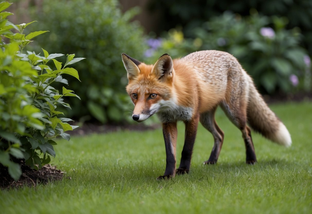 A fox cautiously prowls through a lush garden in the UK, pausing to sniff the air before disappearing into the underbrush