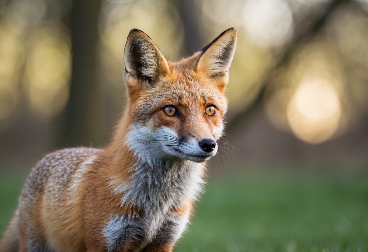 A fox stands alert, ears perked and eyes focused, as it cautiously observes the presence of a potential threat