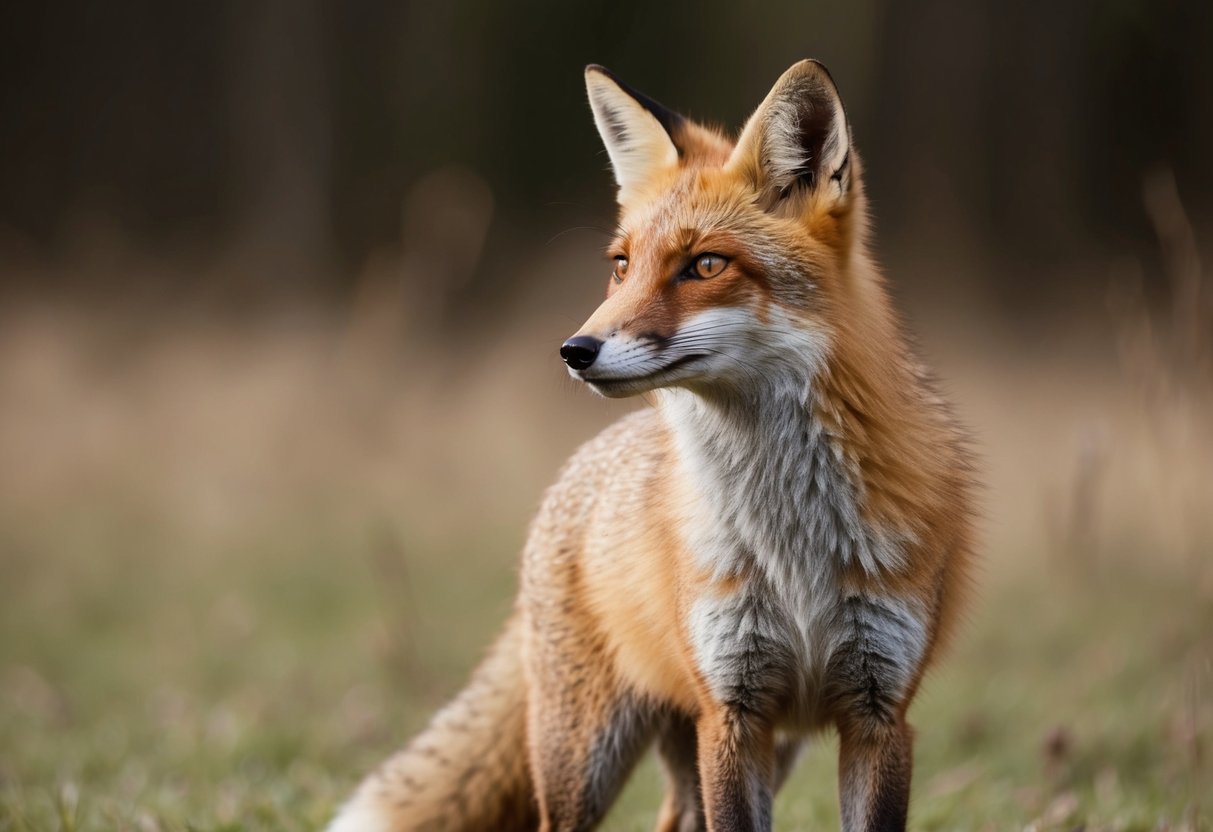 A fox stands alert, ears perked, observing the viewer with caution and curiosity