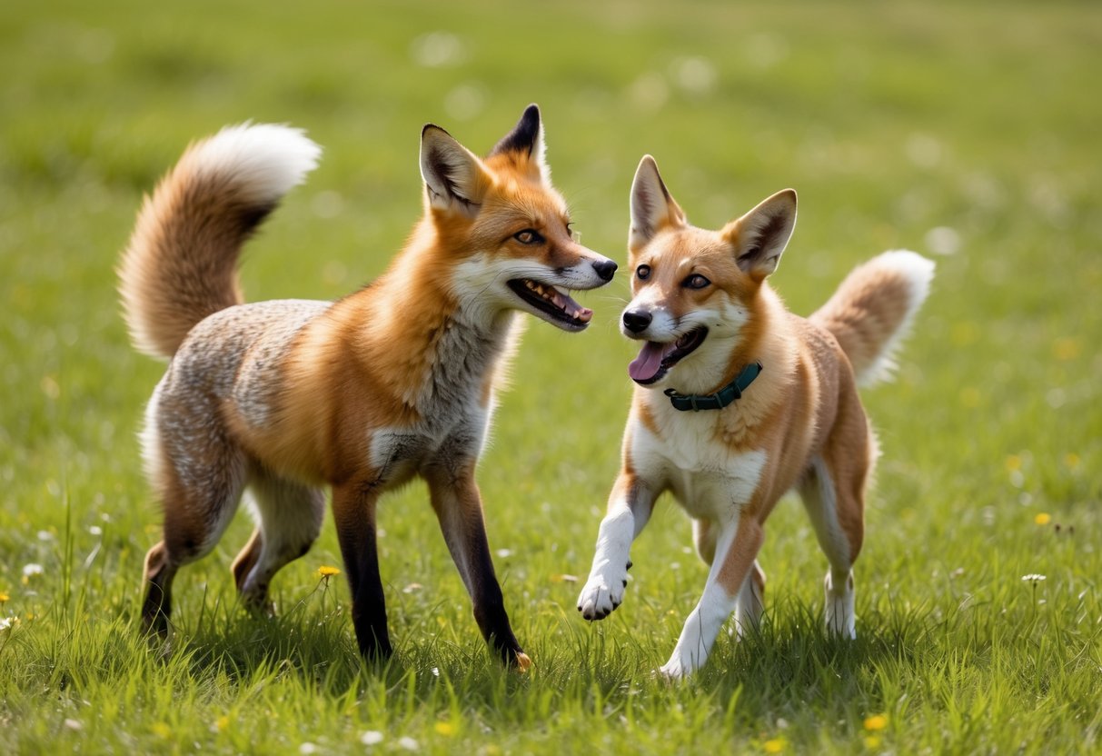 A red fox and a dog playfully interact in a grassy meadow, showing signs of friendship and compatibility