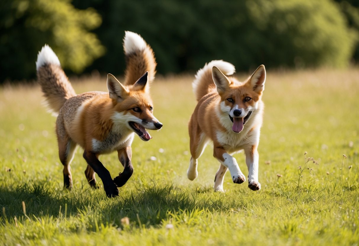 A fox and a dog playfully chase each other in a sunlit meadow, their tails wagging and tongues lolling in joy