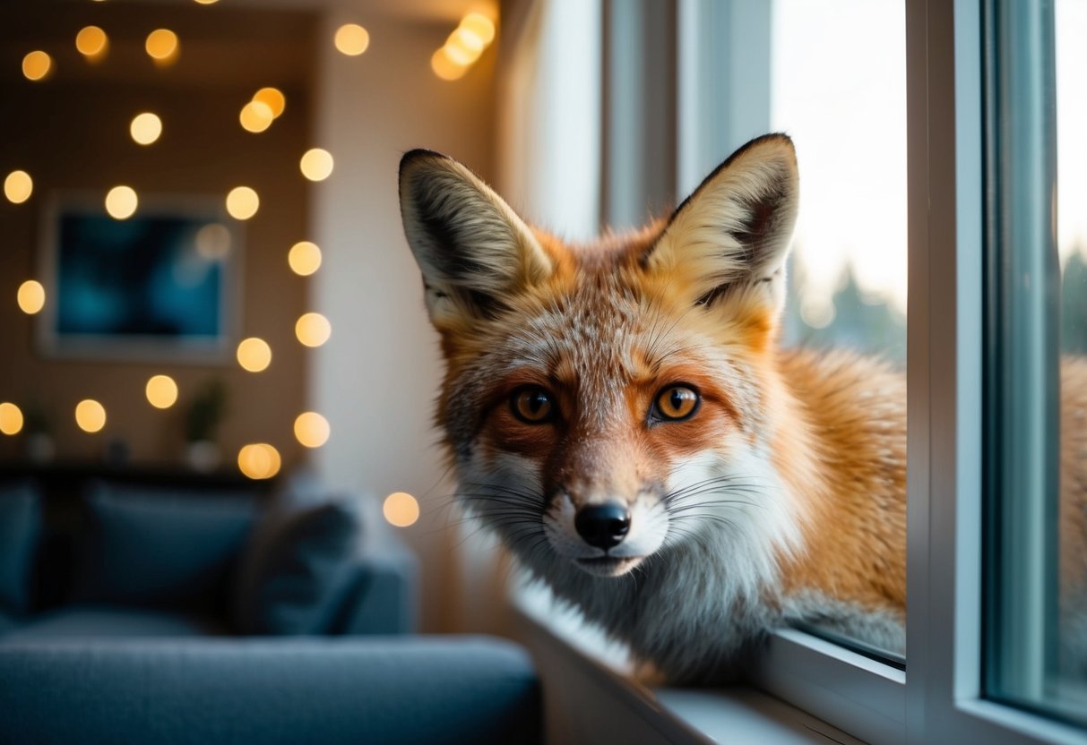 A fox peers through a window, its bright eyes reflecting the warm glow of a cozy living room