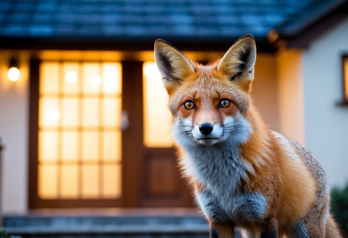 A fox stands outside a cozy, illuminated house, looking inquisitive and alert. Its eyes are focused, and its ears are perked up, conveying a sense of curiosity and interest