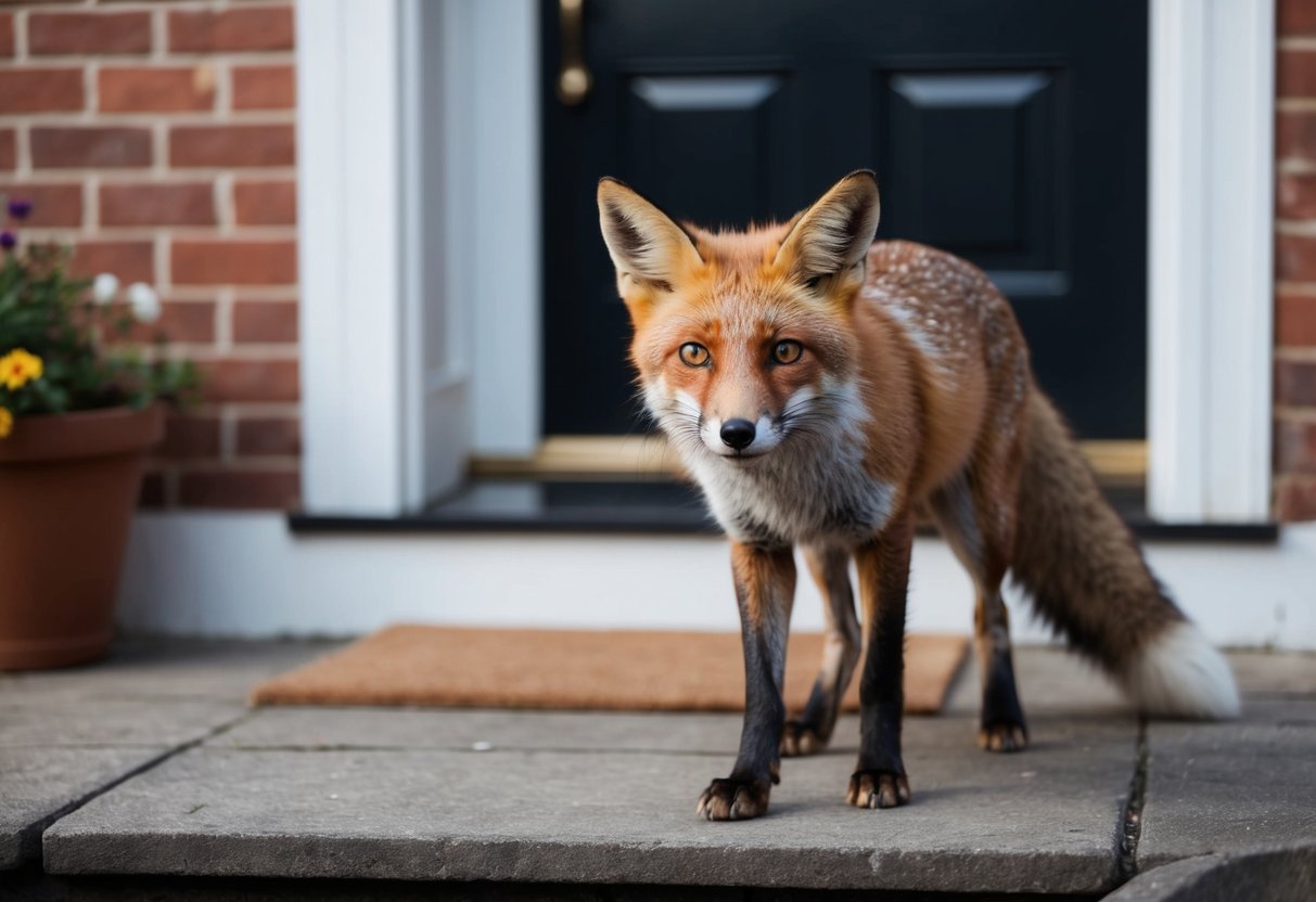 A fox with alert ears and bright eyes stands at a doorstep, sniffing the air with curiosity