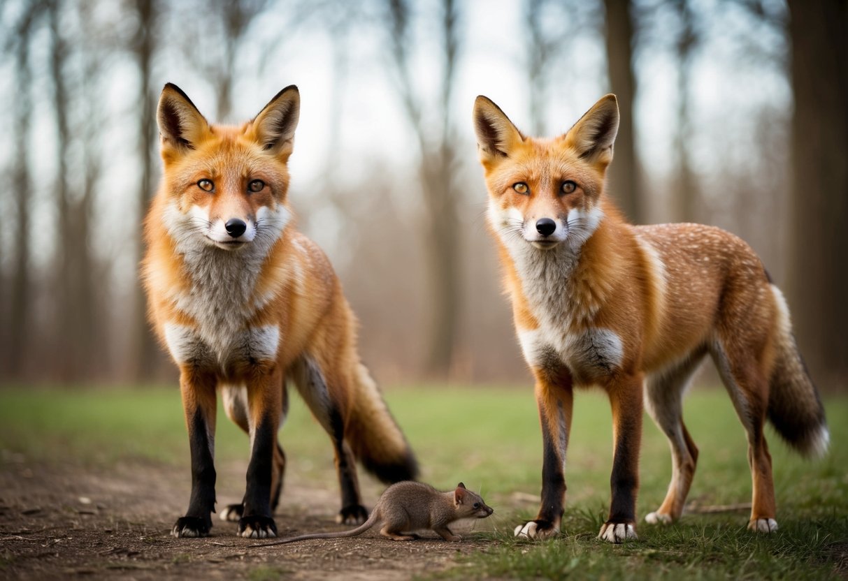 A fox and a dog stand side by side, their similar appearance causing confusion. A rodent scurries nearby, adding to the ambiguity