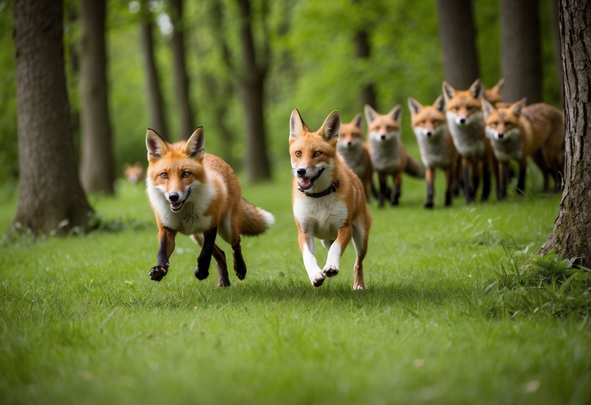 A fox and a dog playfully chase each other through a lush, green forest, while a group of mischievous foxes peek out from behind the trees